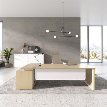 102" L-Shaped Executive Desk with Wireless Charging Power Track, Storage Cabinet & Modesty Panel front view
