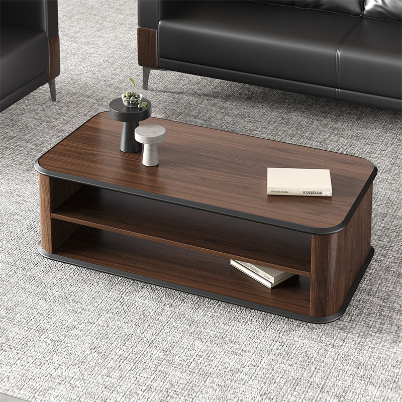 47" Dark Walnut Coffee Table with Dual-Tier Storage Shelves for Office ...