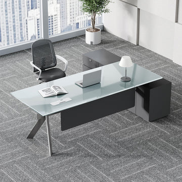 94" Glass Top Executive Desk with Power Hub, Locking Storage and Metal Legs