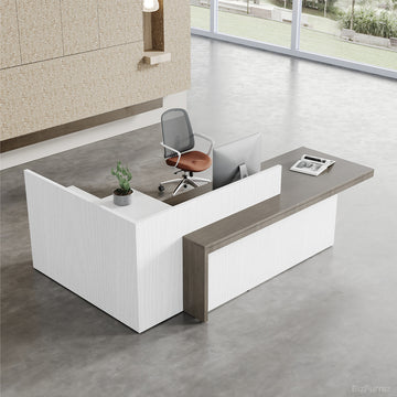 Modern L-Shaped Executive Reception Desk with Integrated Storage Cabinets for Lobby, Salon, and Corporate Photo 2