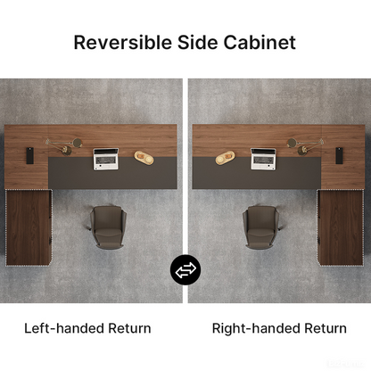 L-shaped Executive Desk with Built-in Outlets & Reversible Return (61"-94"L)