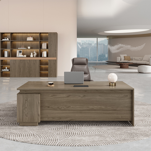 63" L-shaped Executive Desk with Built-in Power Outlet & Reversible Side Cabinet