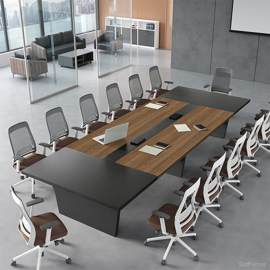 Modern Two-Tone Conference Table with Spacious Desktop, Integrated Cable Box & Sturdy Steel Legs for Meeting Rooms