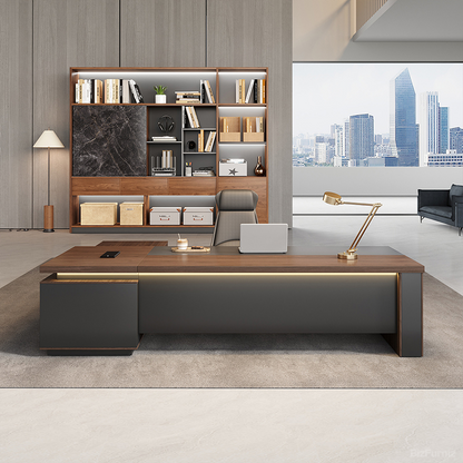 L-shaped Executive Desk with Built-in Outlets & Reversible Return (61"-94"L)