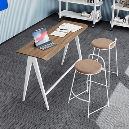 Wooden Bar Height Standing Desk with Stools, Front-Three-Quarter View