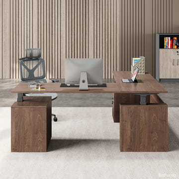 Executive L-Shaped Standing Office Desk with Dual Integrated Mobile File Cabinets, Expansive for modern office workspace