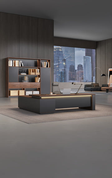 Modern office setup with a large desk and bookshelf in a room with cityscape view.