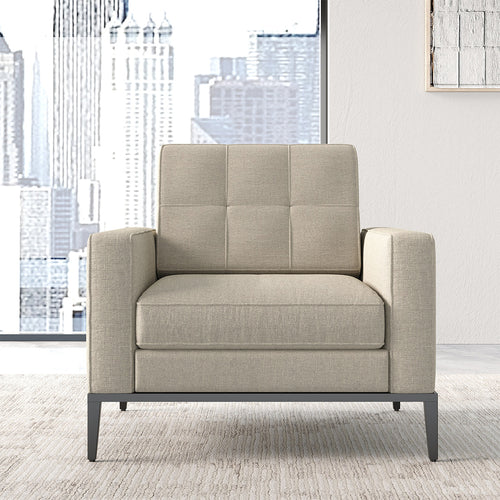 Beige Fabric Armchair with Black Metal Legs, Front View