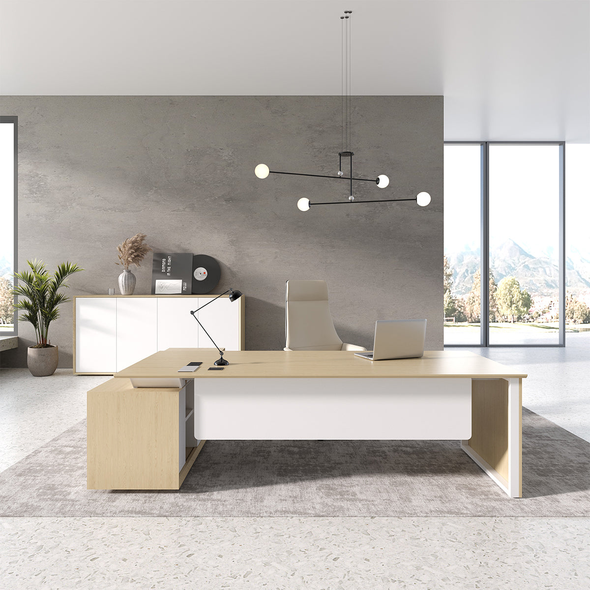 102" L-Shaped Executive Desk with Wireless Charging Power Track, Storage Cabinet & Modesty Panel front view