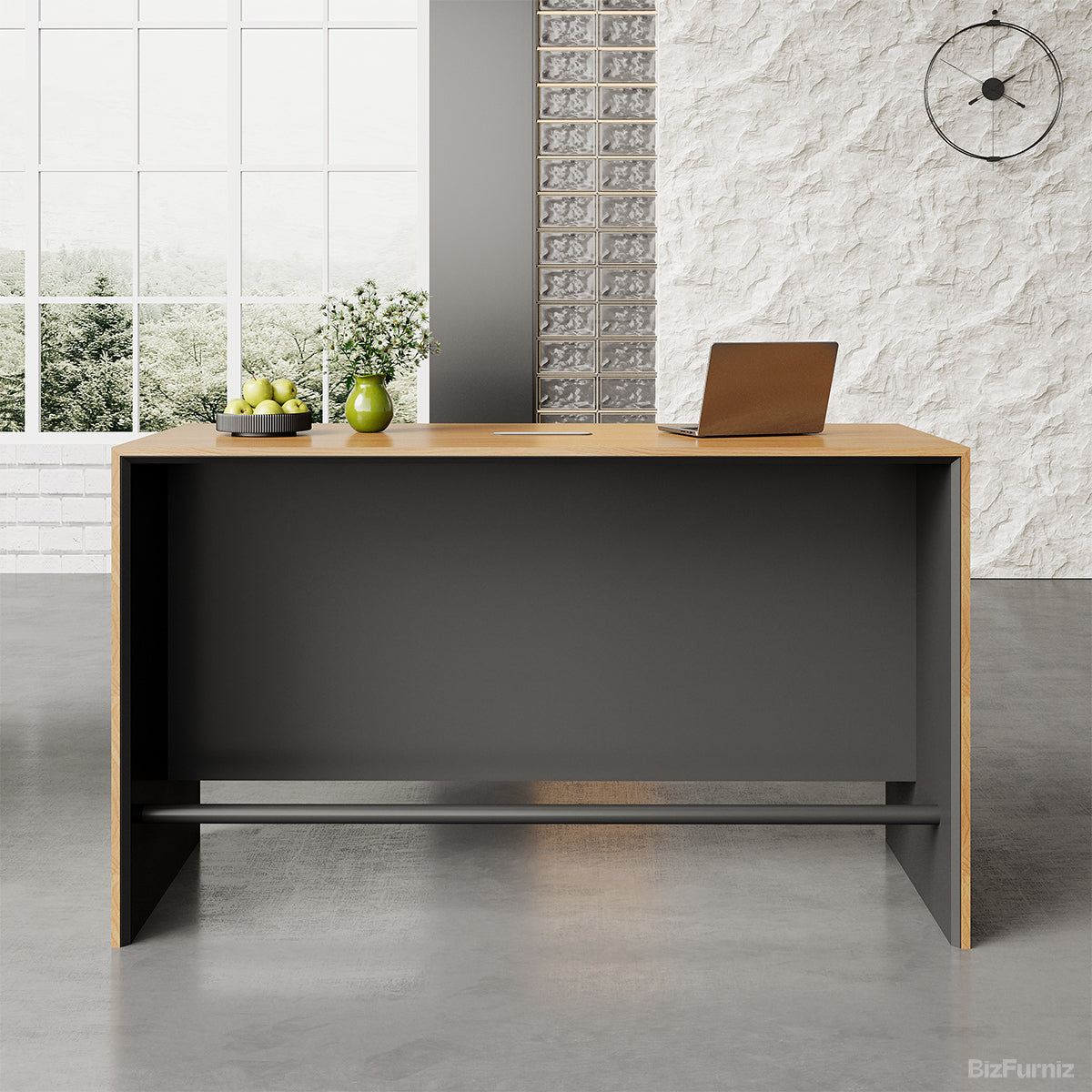 71" L Contemporary Reception Desk with Durable Wood, Oval Power Hub and Professional Lobby for modern office workspace