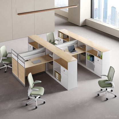 Modern office workstation desks and chairs in a bright room