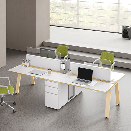 Dual-Station Modular Office Desk with Integrated Storage and White Privacy Screens for modern office workspace