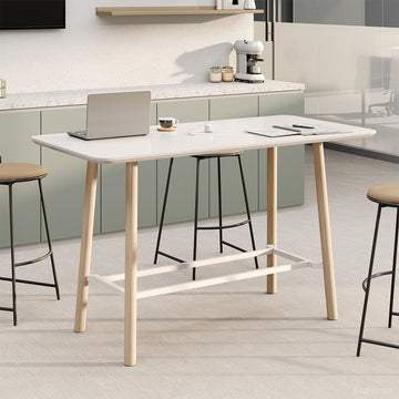 White High Bar Table With Wood Legs For Office Cafe
