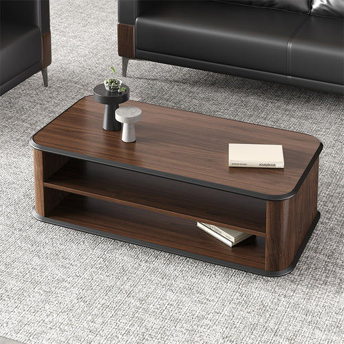 47" Dark Walnut Coffee Table with Dual-Tier Storage Shelves for Office Reception Areas and Living for modern office workspace