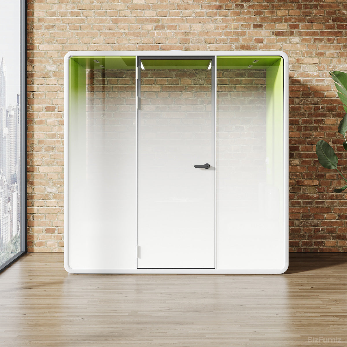 2-Person Office Acoustic Booth with Frosted Glass, Fan, Outlet & Seating product photo