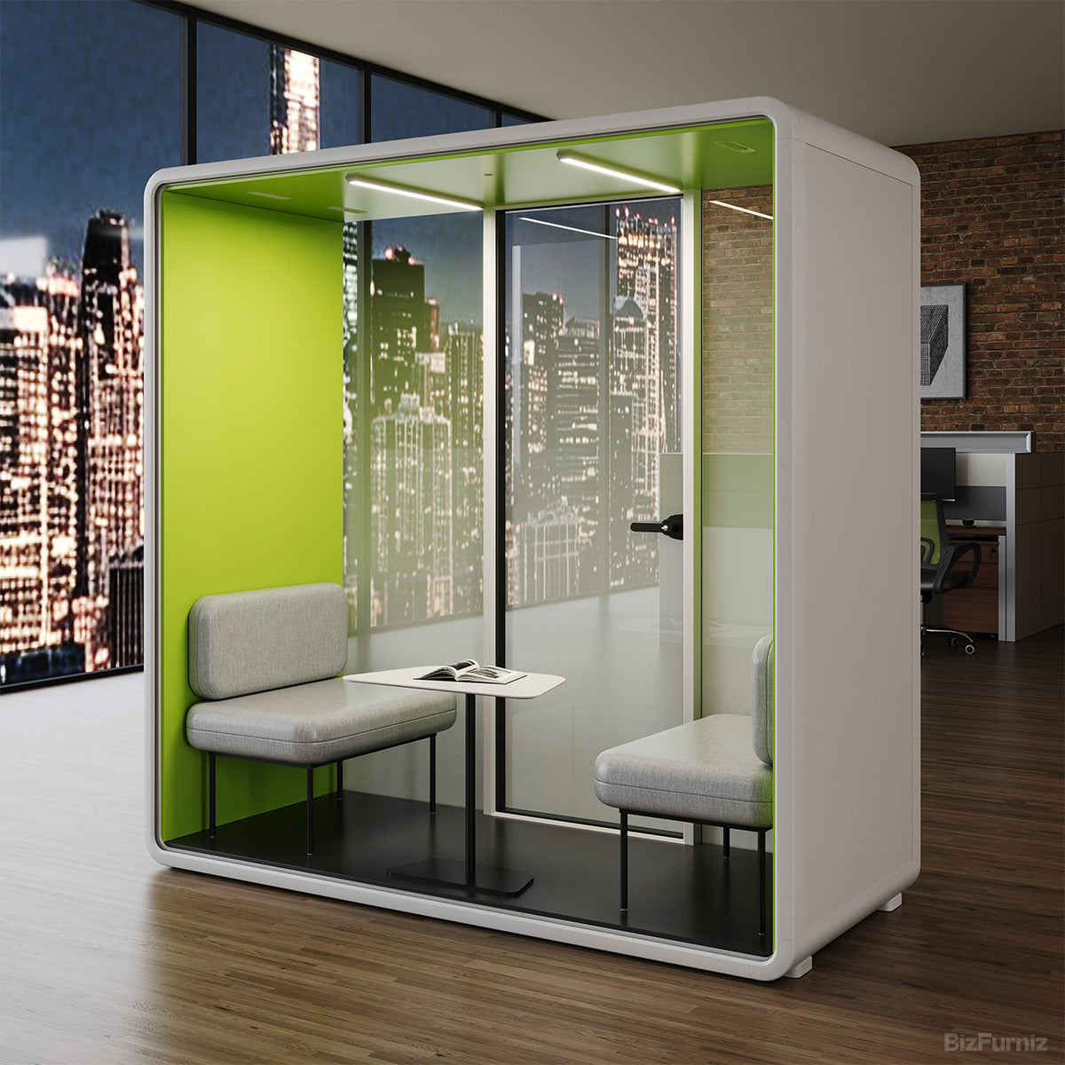 2-Person Office Acoustic Booth with Frosted Glass, Fan, Outlet & Seating product photo 3