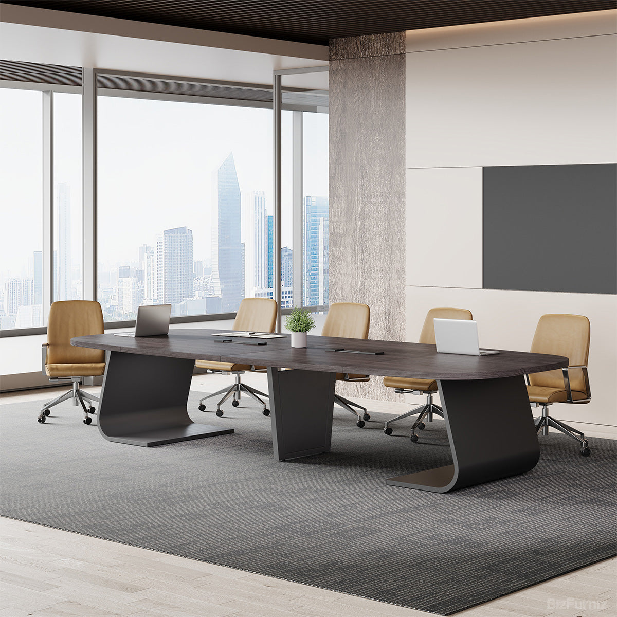 Black Oval Table in a Bright Conference Room