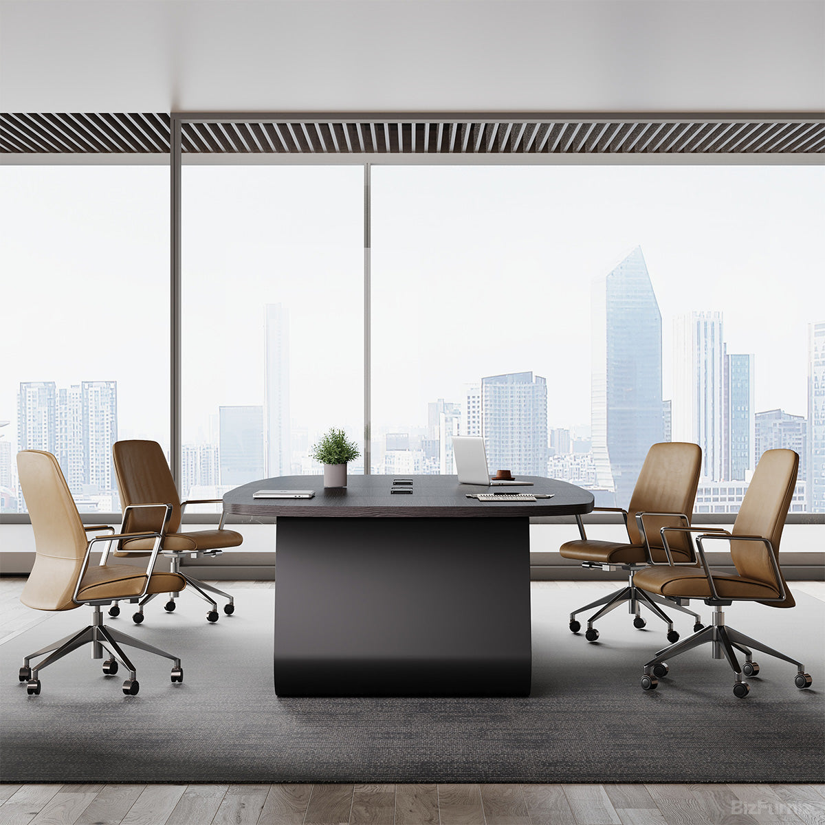 Side View of a Black Oval Conference Table
