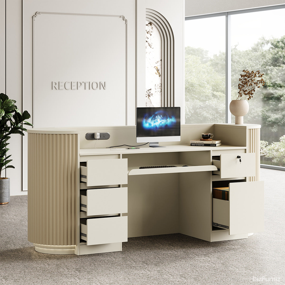 87" L Reception Desk with Warm LED Lighting, Cable Box & Lockable Cabinet for Offices, Hotels & Salons product photo 8