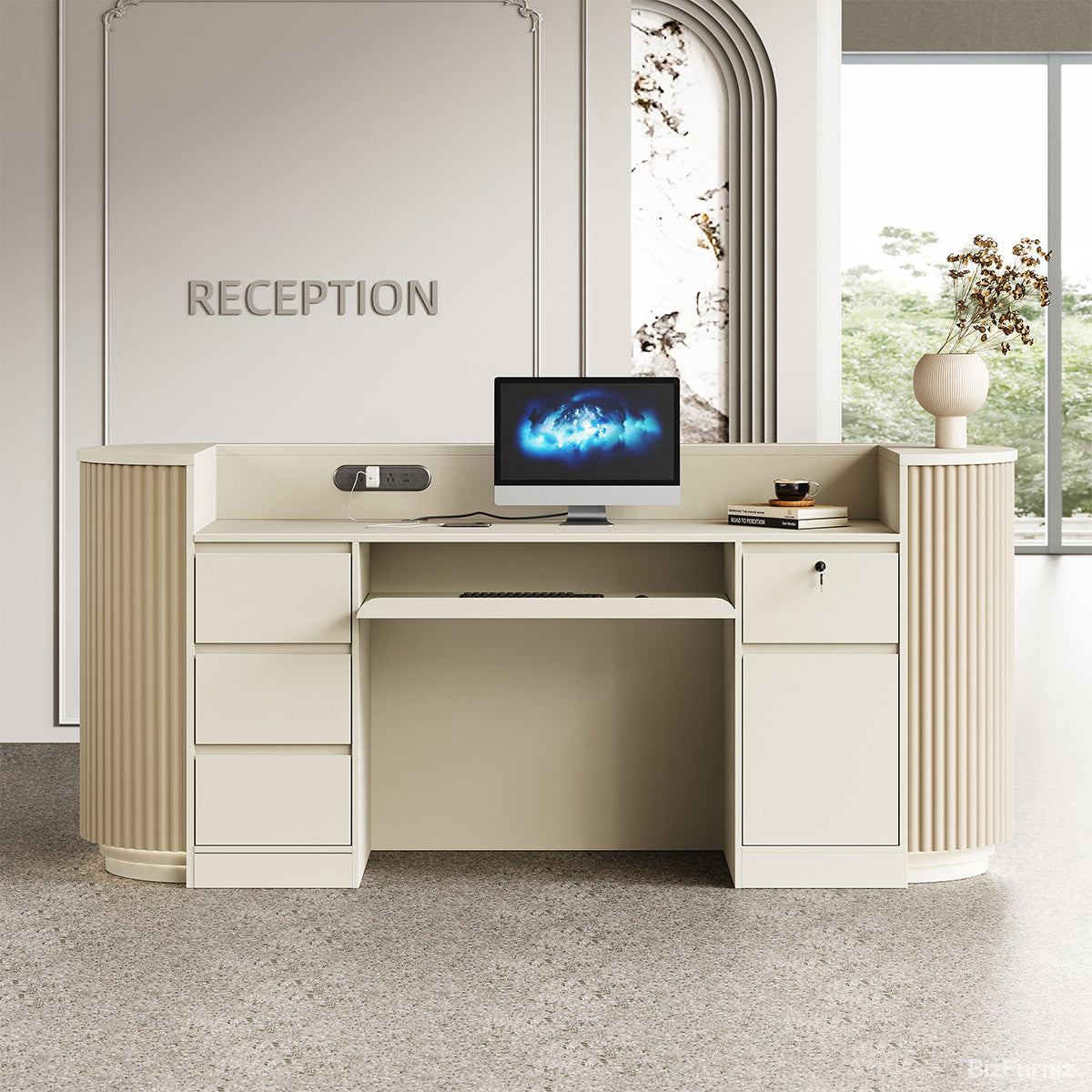 87" L Reception Desk with Warm LED Lighting, Cable Box & Lockable Cabinet for Offices, Hotels & Salons product photo 2