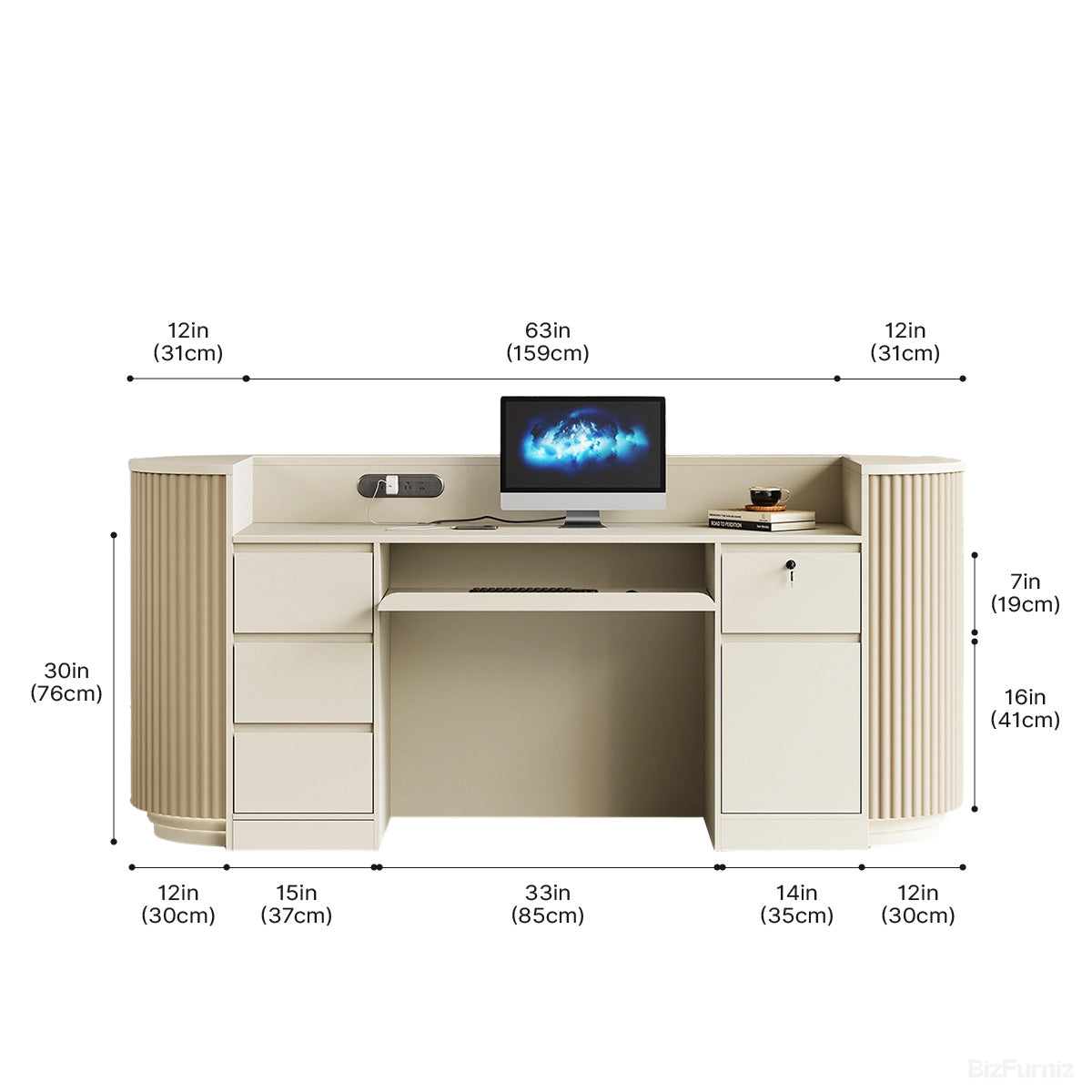 87" L Reception Desk with Warm LED Lighting, Cable Box & Lockable Cabinet for Offices, Hotels & Salons product photo 5