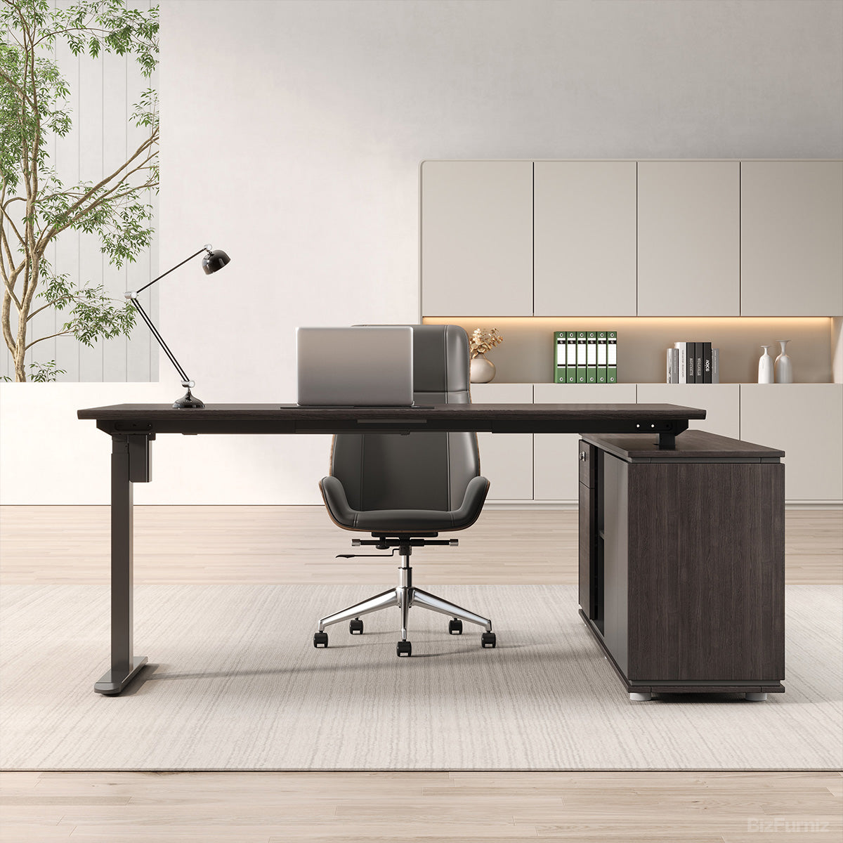71" / 63" L Electric Height Adjustable Executive Desk with Open & Closed Storage for Modern Workspaces photo 1
