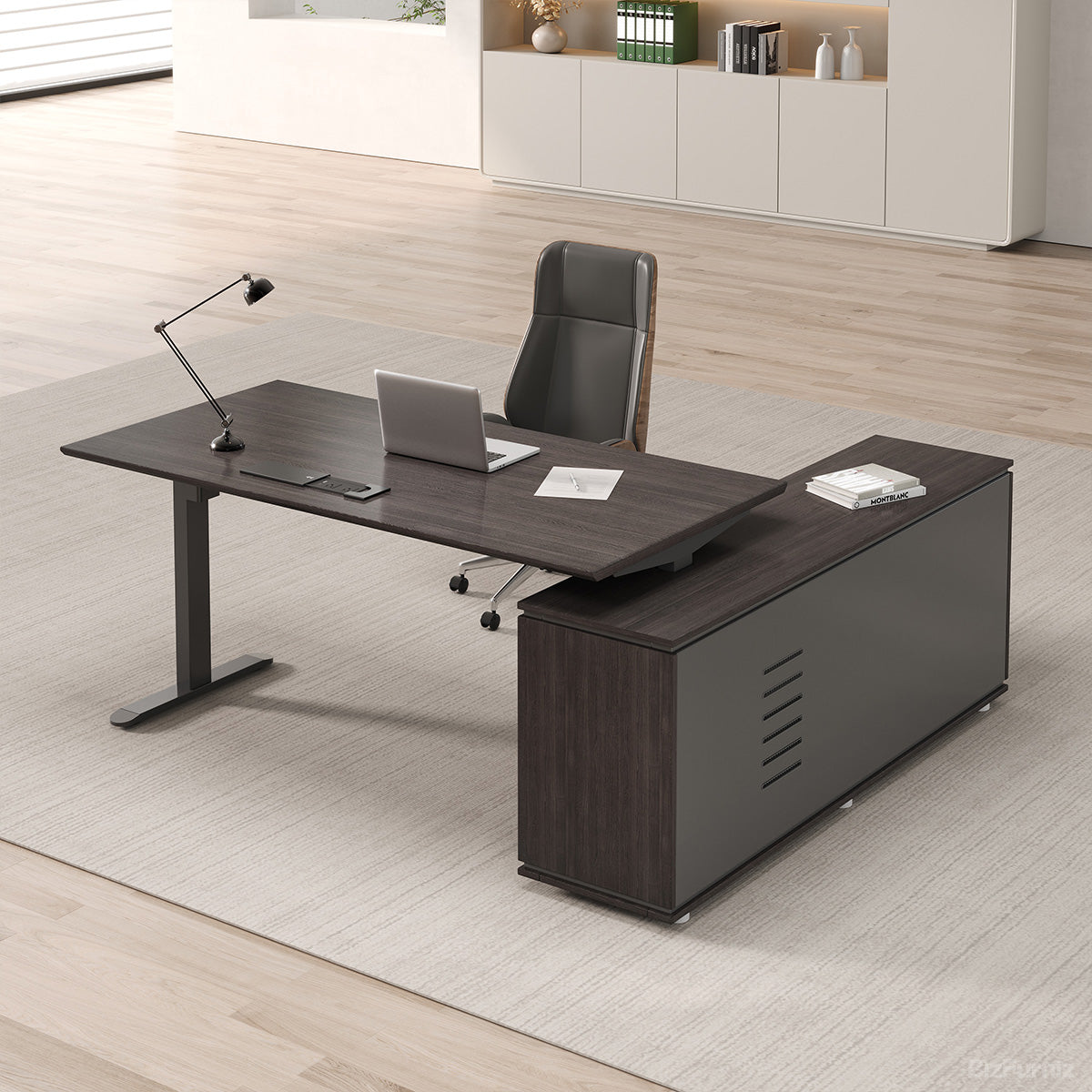 71" / 63" L Electric Height Adjustable Executive Desk with Open & Closed Storage for Modern Workspaces photo 4