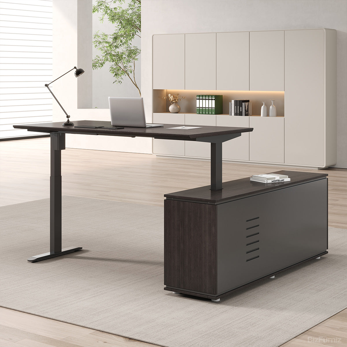 71" / 63" L Electric Height Adjustable Executive Desk with Open & Closed Storage for Modern Workspaces photo 3