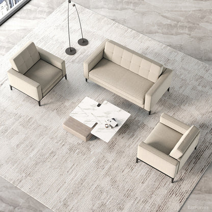 Beige sofa set with two armchairs and a coffee table on a light wooden floor.
