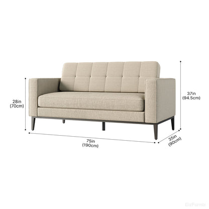 A beige upholstered loveseat with dimension callouts showing its width, height, and depth measurements on a white background.