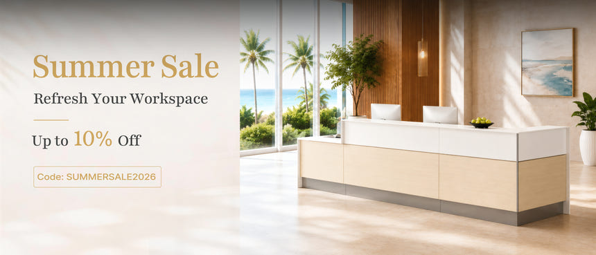 Reception desk in a lobby with Summer Sale overlay