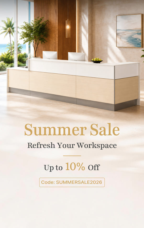 Reception desk in a lobby with Summer Sale overlay
