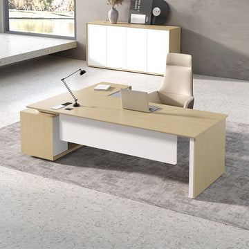 102" L-Shaped Executive Desk with Wireless Charging Power Track, Storage Cabinet & Modesty Panel angled view