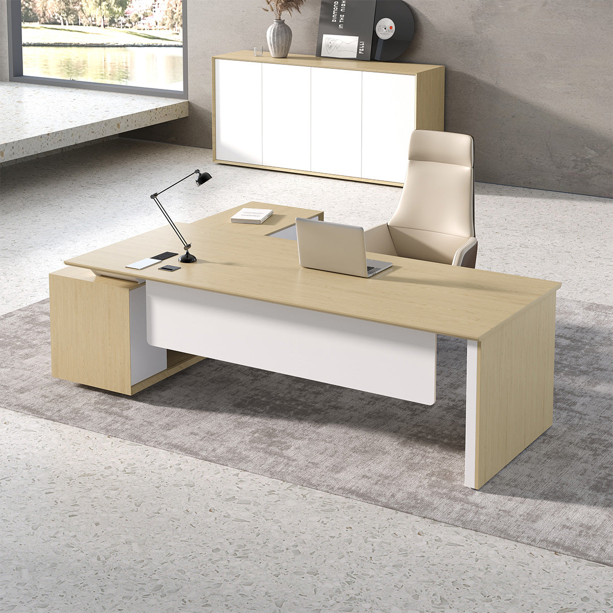 102" L-Shaped Executive Desk with Wireless Charging Power Track, Storage Cabinet & Modesty Panel angled view