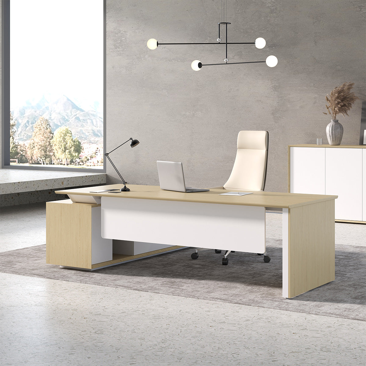 102" L-Shaped Executive Desk with Wireless Charging Power Track, Storage Cabinet & Modesty Panel side view