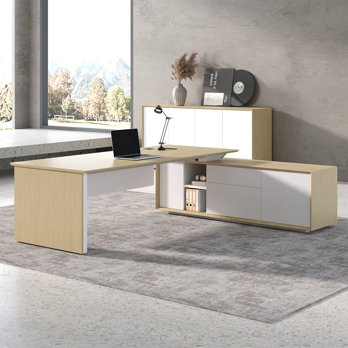 102" L-Shaped Executive Desk with Wireless Charging Power Track, Storage Cabinet & Modesty Panel rear storage view