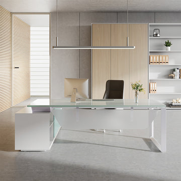 94 inch glass top executive desk with side cabinet, front view