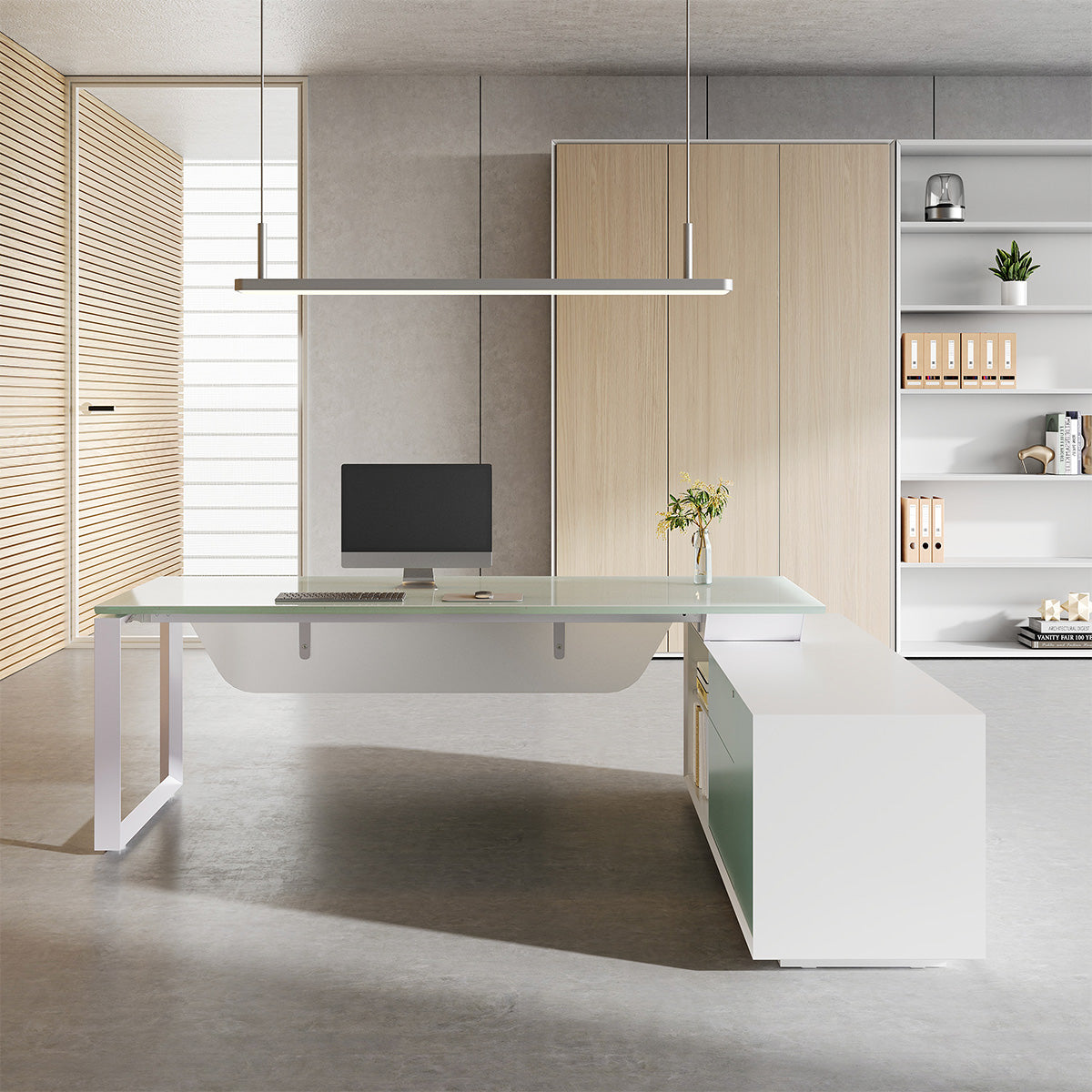 94 inch glass top executive desk, back view