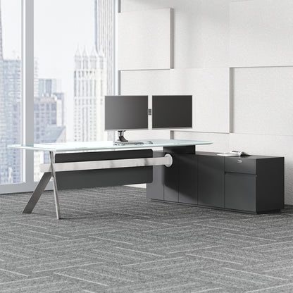 94" Glass Top Executive Desk with Power Hub, Locking Storage and Metal Legs