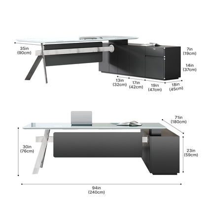 94" Glass Top Executive Desk with Power Hub, Locking Storage and Metal Legs