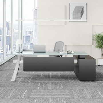 94" Glass Top Executive Desk with Power Hub, Locking Storage and Metal Legs