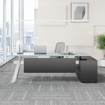 94" Glass Top Executive Desk with Power Hub, Locking Storage and Metal Legs