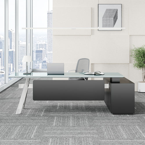 94" Glass Top Executive Desk with Power Hub, Locking Storage and Metal Legs