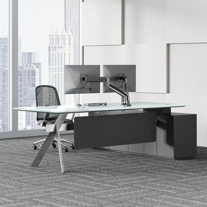 94" Glass Top Executive Desk with Power Hub, Locking Storage and Metal Legs
