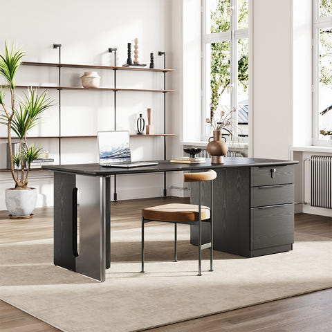 63" Sintered Stone Office Desk with Reversible Pedestal and Lockable Drawer for modern office workspace