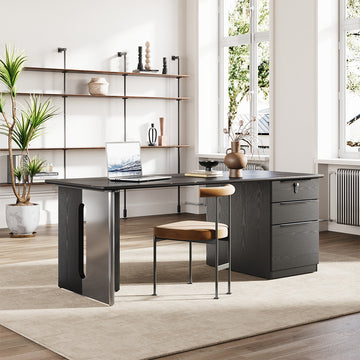 63" Sintered Stone Office Desk with Reversible Pedestal and Lockable Drawer for modern office workspace