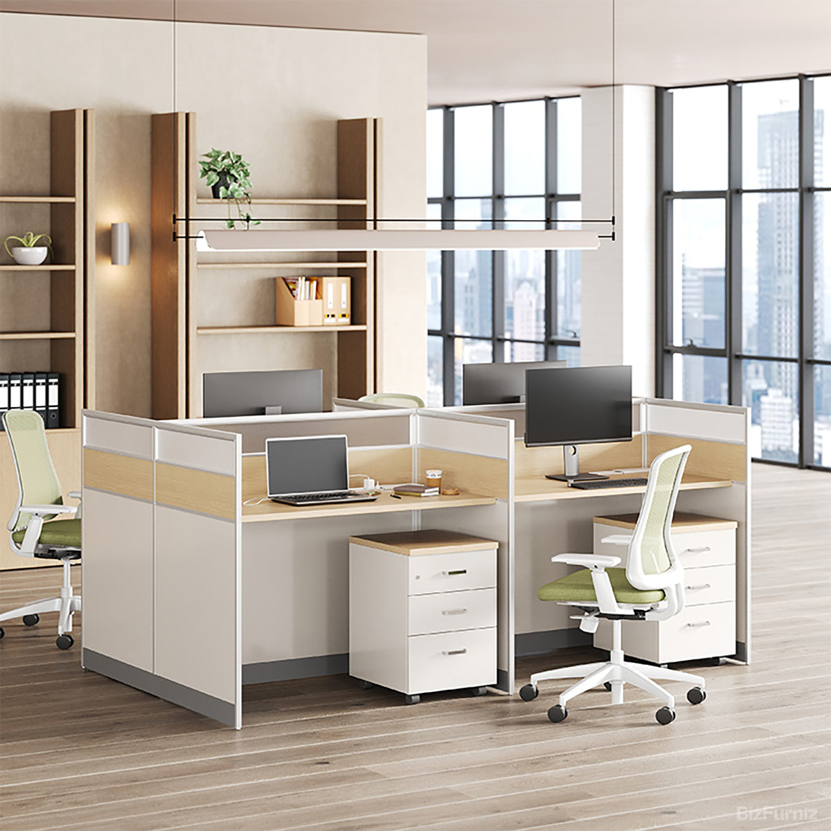 94" 4-Person Office Workstation, Multi-Functional Power Hub and Storage Cabinet for modern office workspace