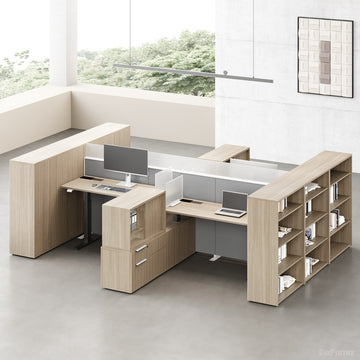 6-person Sit-stand Workstation with Integrated Open Shelving, Privacy Screens and 30"-47" Adjustable Height product view 1
