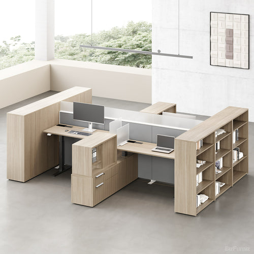 6-person Sit-stand Workstation with Integrated Open Shelving, Privacy Screens and 30"-47" Adjustable Height product view 1