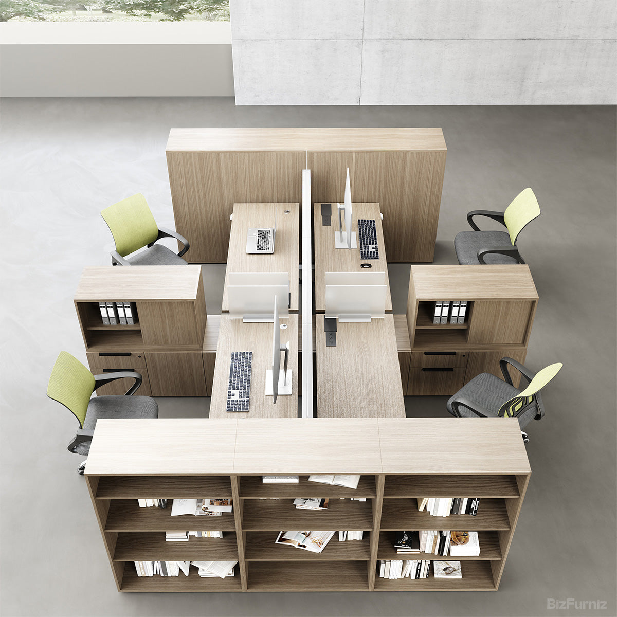 6-person Sit-stand Workstation with Integrated Open Shelving, Privacy Screens and 30"-47" Adjustable Height product view 4